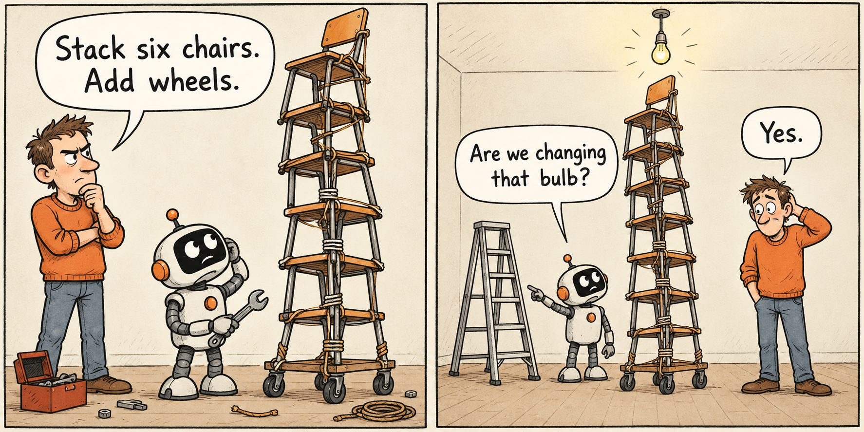 A person tells a robot to stack six chairs and add wheels. Beside a stepladder, the robot asks whether the goal is to change a light bulb. The person admits that it is.